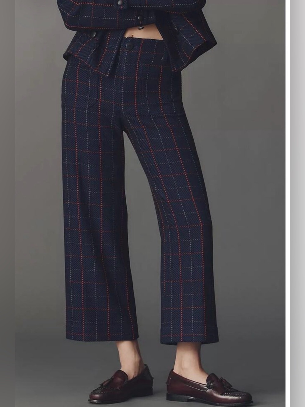Maeve Navy Cropped Wide-Leg Pants with Red Windowpane in 33